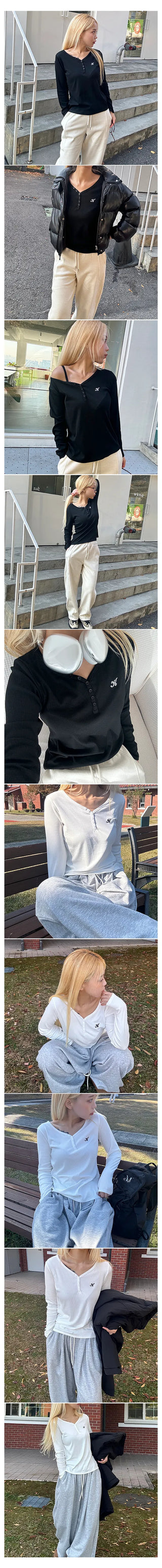 Camilla Button V-Neck Two-Way Long Sleeve Tee Basic Inner Tee Daily Look Transitional Season