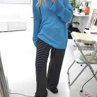 Simple striped elastic waist pants