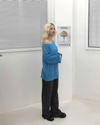 Simple striped elastic waist pants