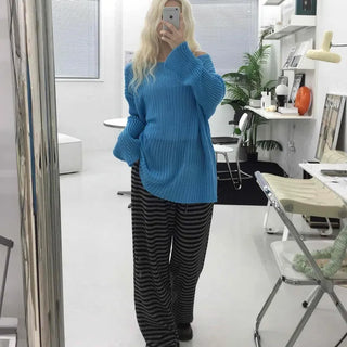 Simple striped elastic waist pants