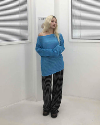 Simple striped elastic waist pants