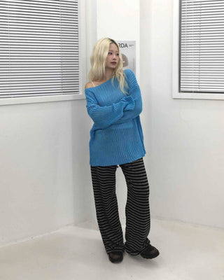 Simple striped elastic waist pants