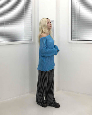 Simple striped elastic waist pants