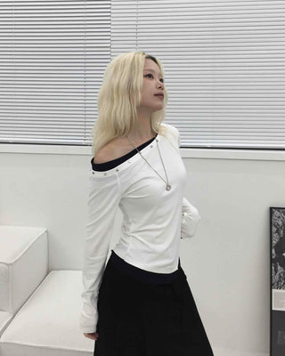 Studded Off-Shoulder Long-Sleeve T-Shirt