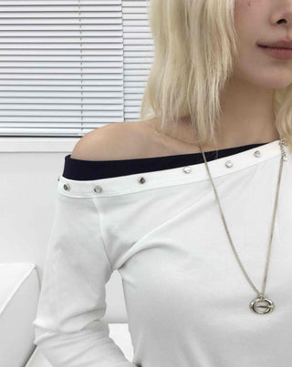 Studded Off-Shoulder Long-Sleeve T-Shirt