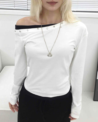 Studded Off-Shoulder Long-Sleeve T-Shirt