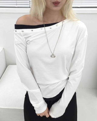 Studded Off-Shoulder Long-Sleeve T-Shirt