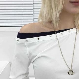 Studded Off-Shoulder Long-Sleeve T-Shirt