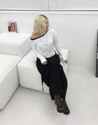 Studded Off-Shoulder Long-Sleeve T-Shirt