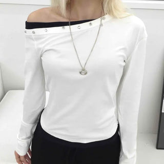 Studded Off-Shoulder Long-Sleeve T-Shirt