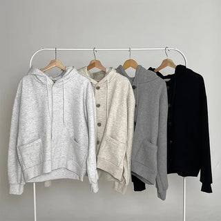 Simone Button Hooded Cardigan Daily Look Hoodie Zip-up Hooded Cardigan School Uniform Item Basic Item