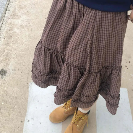 Casual check frill midi skirt