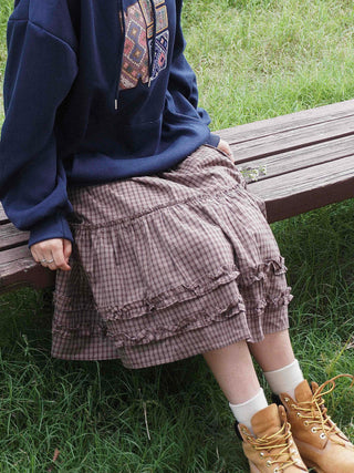 Casual check frill midi skirt