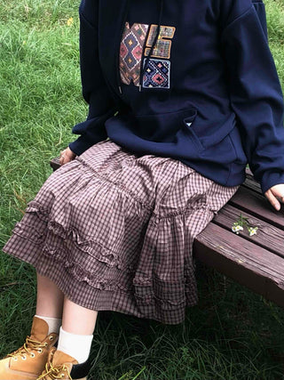 Casual check frill midi skirt