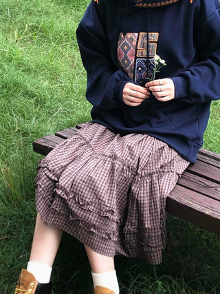 Casual check frill midi skirt