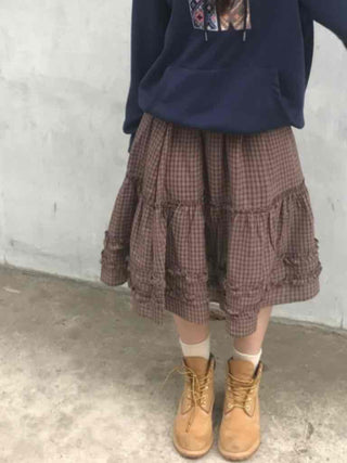 Casual check frill midi skirt