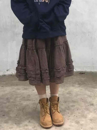 Casual check frill midi skirt