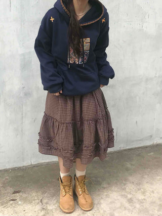 Casual check frill midi skirt