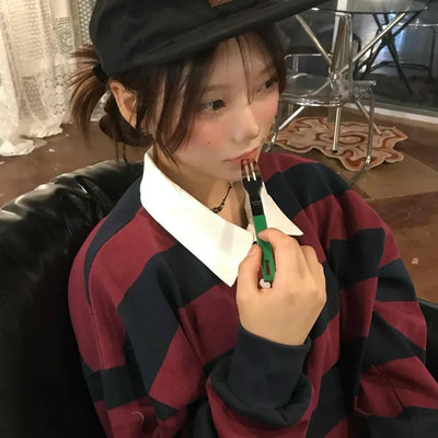 Simple Trendy Cotton Striped Oversized Long Sleeve T-shirt