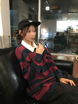 Simple Trendy Cotton Striped Oversized Long Sleeve T-shirt