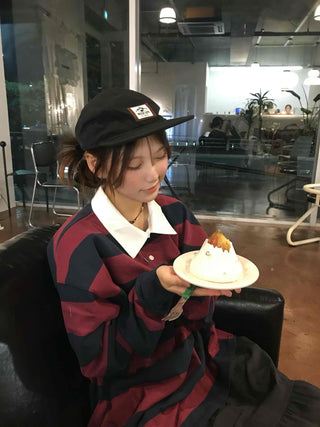 Simple Trendy Cotton Striped Oversized Long Sleeve T-shirt
