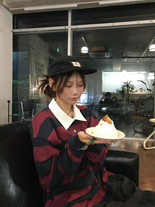 Simple Trendy Cotton Striped Oversized Long Sleeve T-shirt