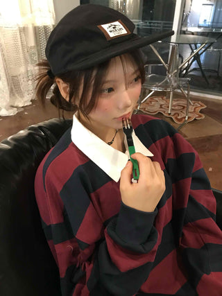Simple Trendy Cotton Striped Oversized Long Sleeve T-shirt