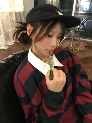 Simple Trendy Cotton Striped Oversized Long Sleeve T-shirt