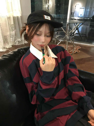 Simple Trendy Cotton Striped Oversized Long Sleeve T-shirt