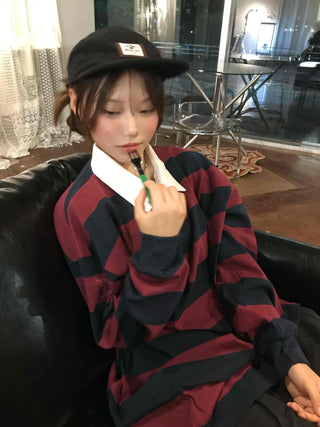 Simple Trendy Cotton Striped Oversized Long Sleeve T-shirt