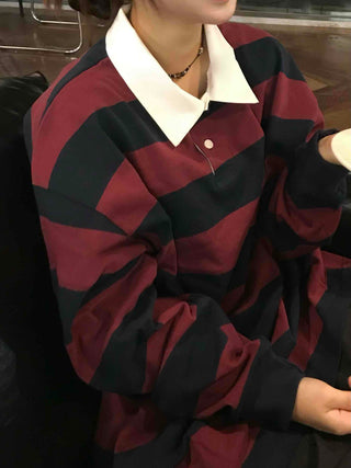 Simple Trendy Cotton Striped Oversized Long Sleeve T-shirt