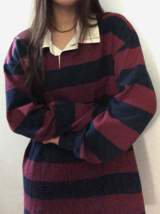 Simple Trendy Cotton Striped Oversized Long Sleeve T-shirt