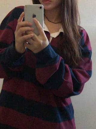 Simple Trendy Cotton Striped Oversized Long Sleeve T-shirt
