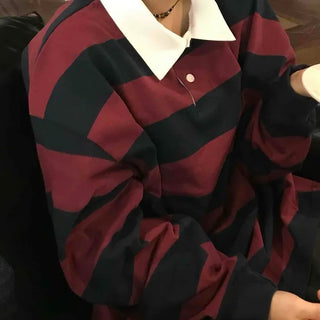 Simple Trendy Cotton Striped Oversized Long Sleeve T-shirt