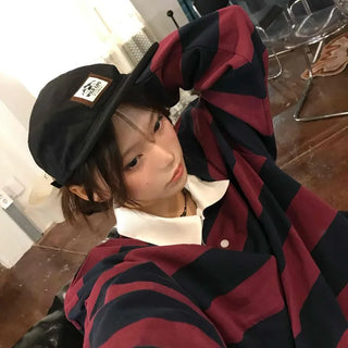 Simple Trendy Cotton Striped Oversized Long Sleeve T-shirt
