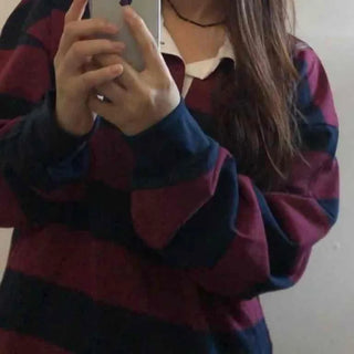 Simple Trendy Cotton Striped Oversized Long Sleeve T-shirt
