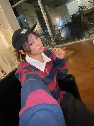 Simple Trendy Cotton Striped Oversized Long Sleeve T-shirt