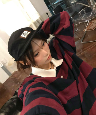 Simple Trendy Cotton Striped Oversized Long Sleeve T-shirt