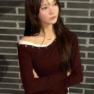 Pure Studded Off-Shoulder Long-Sleeve T-Shirt