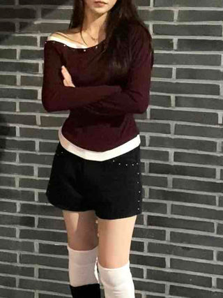 Pure Studded Off-Shoulder Long-Sleeve T-Shirt