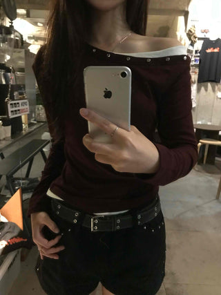 Pure Studded Off-Shoulder Long-Sleeve T-Shirt