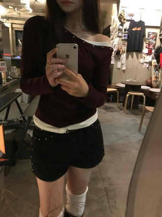 Pure Studded Off-Shoulder Long-Sleeve T-Shirt