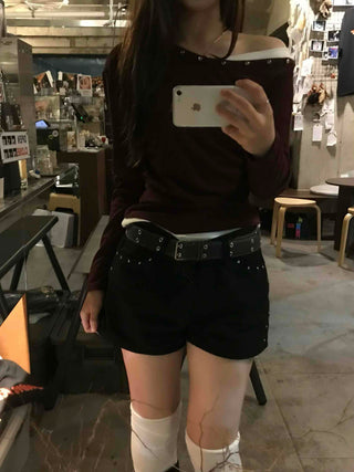 Pure Studded Off-Shoulder Long-Sleeve T-Shirt