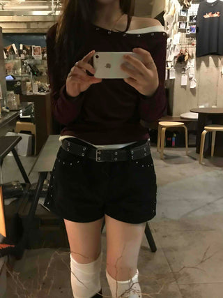 Pure Studded Off-Shoulder Long-Sleeve T-Shirt