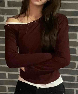 Pure Studded Off-Shoulder Long-Sleeve T-Shirt