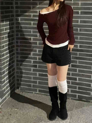 Pure Studded Off-Shoulder Long-Sleeve T-Shirt