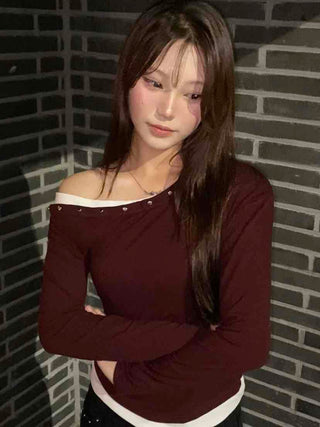 Pure Studded Off-Shoulder Long-Sleeve T-Shirt