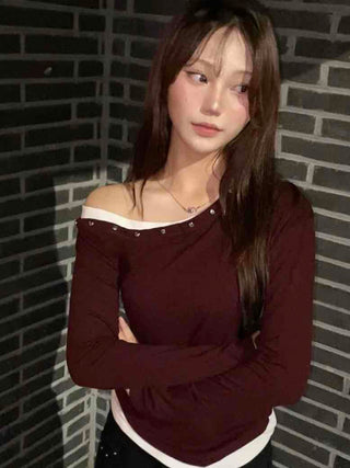 Pure Studded Off-Shoulder Long-Sleeve T-Shirt