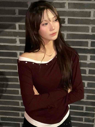 Pure Studded Off-Shoulder Long-Sleeve T-Shirt