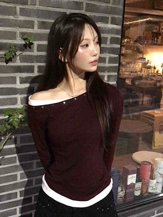 Pure Studded Off-Shoulder Long-Sleeve T-Shirt